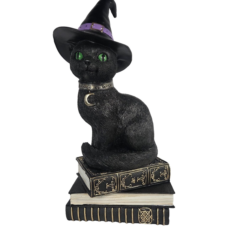Black Cat Witch Figurine 15 Inch Spell Books Green Eyes Gothic Halloween Decor